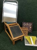 A contemporary red fringed runner together with two jewellery boxes, an old money wall clock,