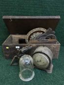 A pine box of bellows, glass dome, blow torch,