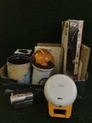 A box of LG Blu ray player and remote, cam-corder, kitchen electricals,