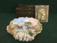 A tray of early twentieth century table box with brass mounts together with a shell china wall