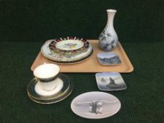 A tray of Royal Doulton Carlyle china trio, shallow dish, pair of Royal Crown Derby plates,