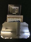 A box of unframed mirror, pictures,