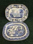 Two early 20th century blue and white meat plates