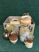 A box of stoneware jars and flaggons, Spode Shivers Salute Scotch whiskey decanter,