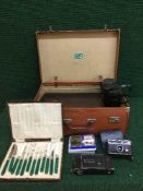 A vintage leather case of dominoes, sewing box, cased cutlery, camera,