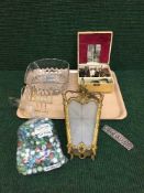 A tray of glass bowl, marbles, gilt hanging light, trinket box, costume jewellery,