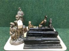 A tray of the Classiques trains on plinths - Flying Scotsman etc and a Robert Olley cast figure,