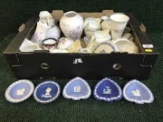 A box of Aynsley Little Sweetheart china, Wedgwood Westbury milk jugs,