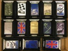 A tray of thirteen Zippo lighters