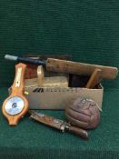A box of table boxes, tins, vintage football, cricket bat, sewing box,