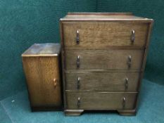 An oak four drawer chest and a bedside cabinet