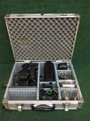 An aluminium case and box containing cameras, Pentax MV1 camera, filters,