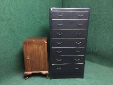 A painted seven drawer chest together with a mahogany bedside cabinet