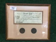 A framed Newark Bank promissory £1 note dated 1808 and two Newark tokens