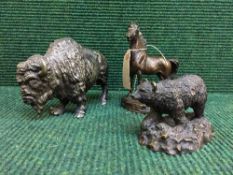 Two bronze figures - bear and horse and a metal figure of a buffalo