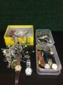 A basket of assorted lady's and gent's watches and a box of costume jewellery