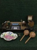 A box of crystal set, marracas, horse brasses, copper bugle, Maling dish, child's clogs,