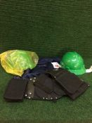 Three boxes of hard hats, waist coats,