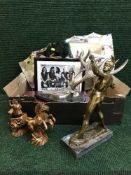 A box of un-framed mirror, signed Thunder black and white photo, set of mounted metal antlers,