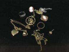 A box of 9ct gold chain, gilt locket, gold plated cameo,