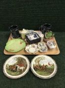 A tray of boxed Caithness pebble paperweight, Maling lustre pieces, hunting plates,