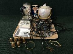 A tray of biscuit barrel, Burlington toby jug, pewter lidded jug, Wedgwood trio,