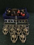 A box of brass door furniture, coat hooks, vintage door handles, metal ware etc.
