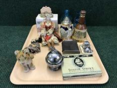 A Mdina glass vase and one other, Wade Bells whiskey decanters, beer stein, lighters,