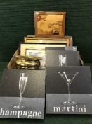 An embossed copper storage box and mag rack, box of pictures and canvas,