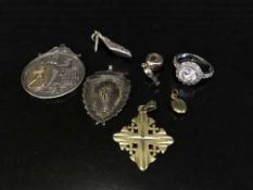 A Jerusalem pendant stamped 14K, a silver and yellow metal Liverpool Teachers Association medal,