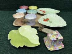 A tray of six Beswick lustre sundae dishes, Carlton ware leaf plates,
