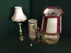A stick stand, gilt and marble table lamp,