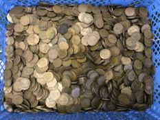 A box of early 20th century British copper pennies and half pennies