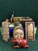 A box of wooden items including wooden tray, barbola mirror, barrel,
