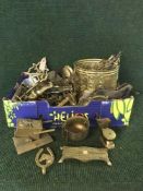 A box of brass coal bucket, companion sets, brass figures, bellows etc.