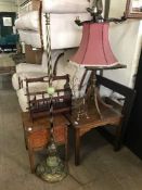 A lamp table, leather topped wine table, standard lamp, two mag racks, light fittings,