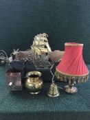 A box of brass and copper ware, brass lamp, ship companion set, carriage clock,