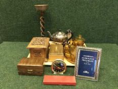 A tray of oak candlestick, plated teapot,
