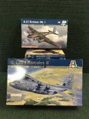 Seven Italeri model kits including a B-17 Fortress mark II, a B-130 J Hercules II, A Sterling MK.