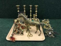 A tray of brass ware and three horn beakers