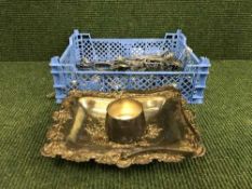 Two baskets of plated and stainless steel table cutlery and a plated basket