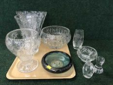 A tray of lead crystal glass vases, fruit bowl,