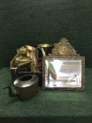 A box of early 20th century brass framed mirror, oil lamp, fluted vases,