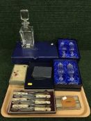 A tray of three boxed pairs of City of Sunderland glasses, Viners cutlery,