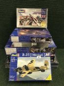Seven Revell model kits - including B-25 J Mitchell, WW I fighter Asis, Honest John Missile etc.