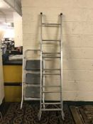 A small set of stool steps and pair of multi function ladders