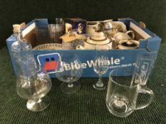 Two boxes of glass ware, Ringtons ware, plated items, barometer etc.