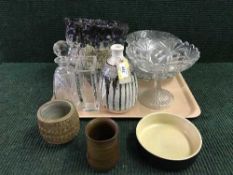 A tray of studio pottery, glass comports,