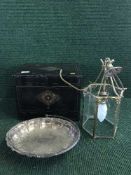 A tray of late 19th century French lacquered decanter box, gilt and glass light fitting,