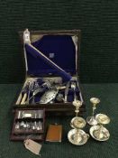 Two part canteens of cutlery, case of five silver teaspoons, pair of plated candlesticks, hip flask,